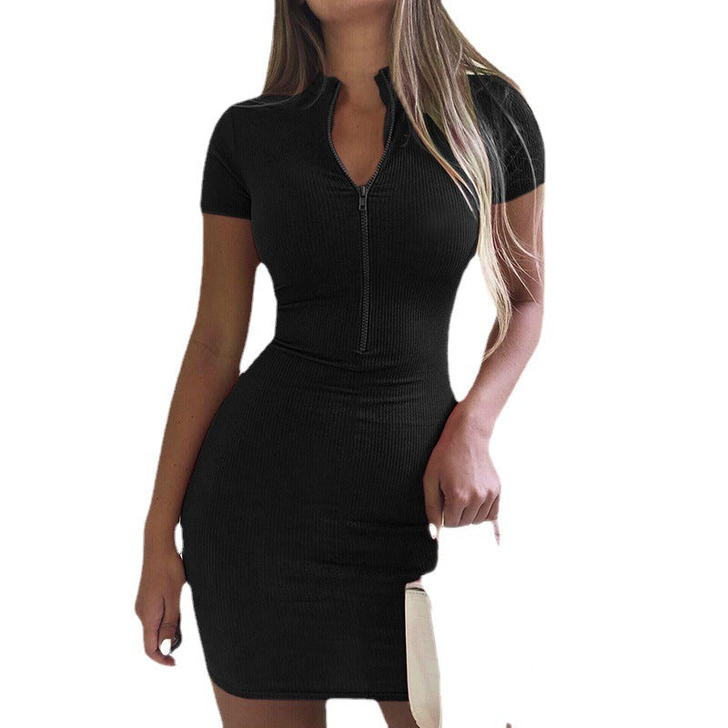 Dam Kort Klänning med Hög Krage och Dragkedja i Mjuk Tygblandning-5