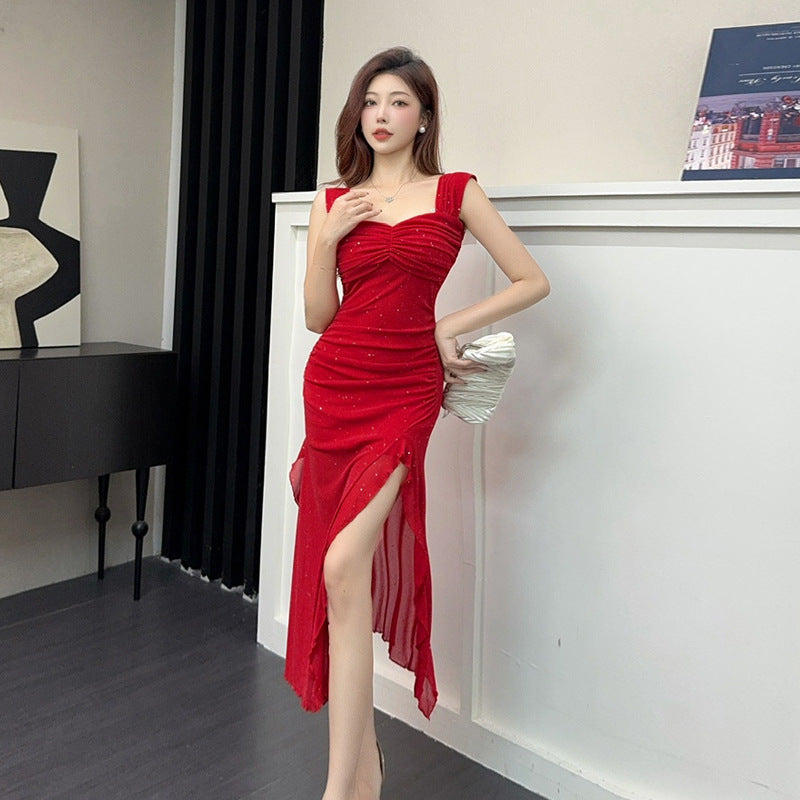 Lång Bodycon Klänning med Slits, Ärmlös Cami i Polyester och Elastan – Elegant Klänning för Fest och Avslappnade Tillfällen 4