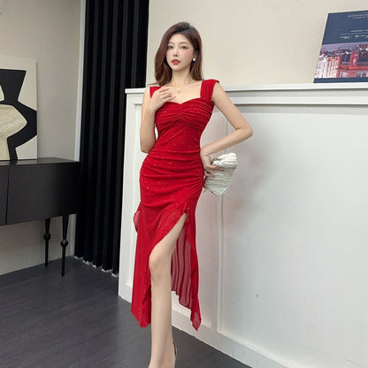 Lång Bodycon Klänning med Slits, Ärmlös Cami i Polyester och Elastan – Elegant Klänning för Fest och Avslappnade Tillfällen 4