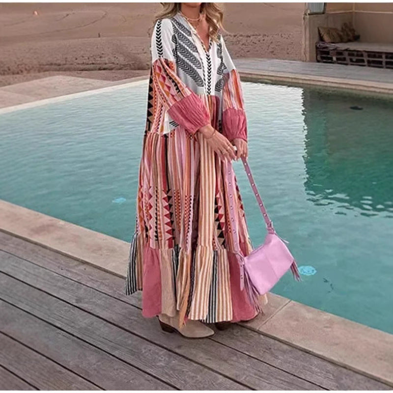 Fina Dam Klänningar Lång Puffärm Patchwork Polyester V-hals-5