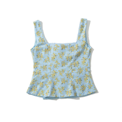 Kvinnors Blommig Topp i Bomull med Delikat Samling och Breda Spaghettiband – Sommartopp för Avslappnade och Eleganta Tillfällen 2