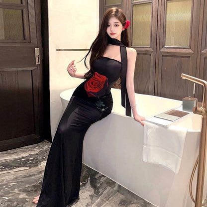 Dam Bodycon Klänning Fiskstjärt Rosblommor Polyester Elastan-4