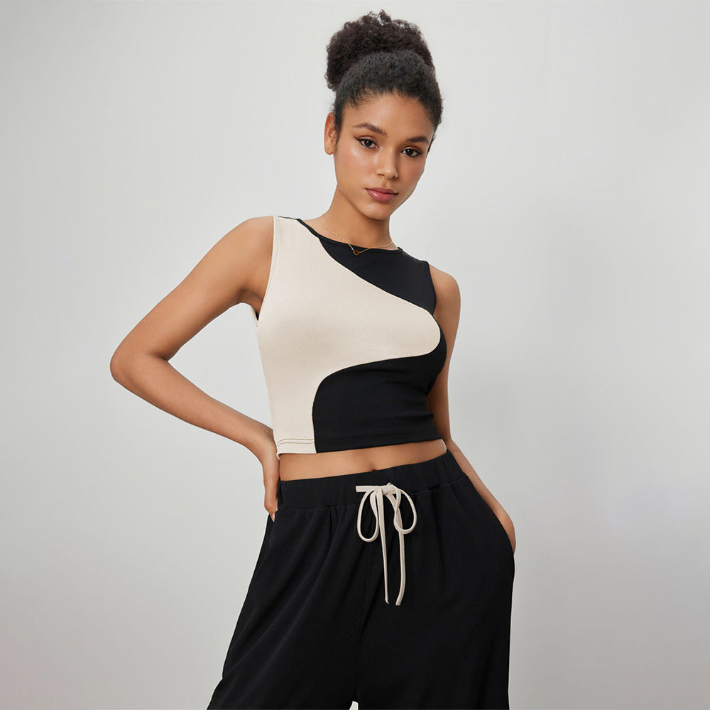 Dam Kort Topp Färgblock Ribbad Tyg-2