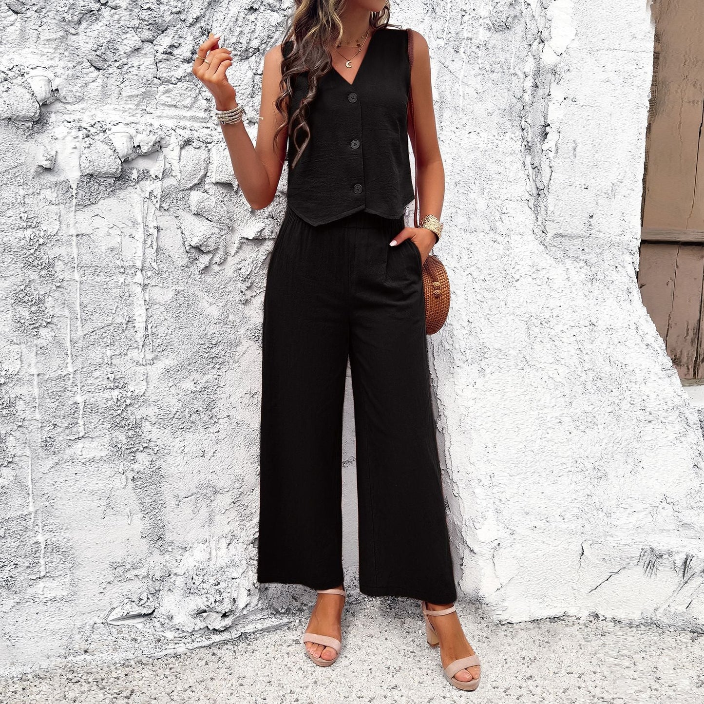 Dam Casual Set Monokrom Bomull och Linne-2