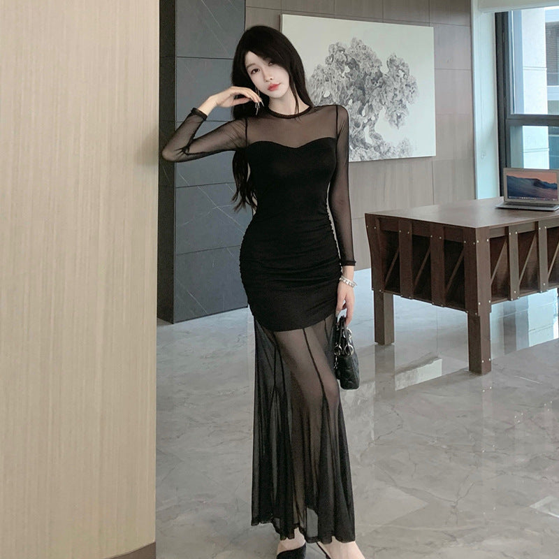 Dam Bodycon Klänning Lång Svart Mesh-3