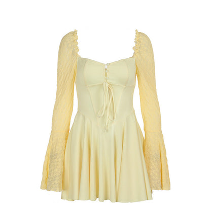 Kvinnors Miniklänning Puffärmar Spetsdetaljer Andningsbart Tyg 6