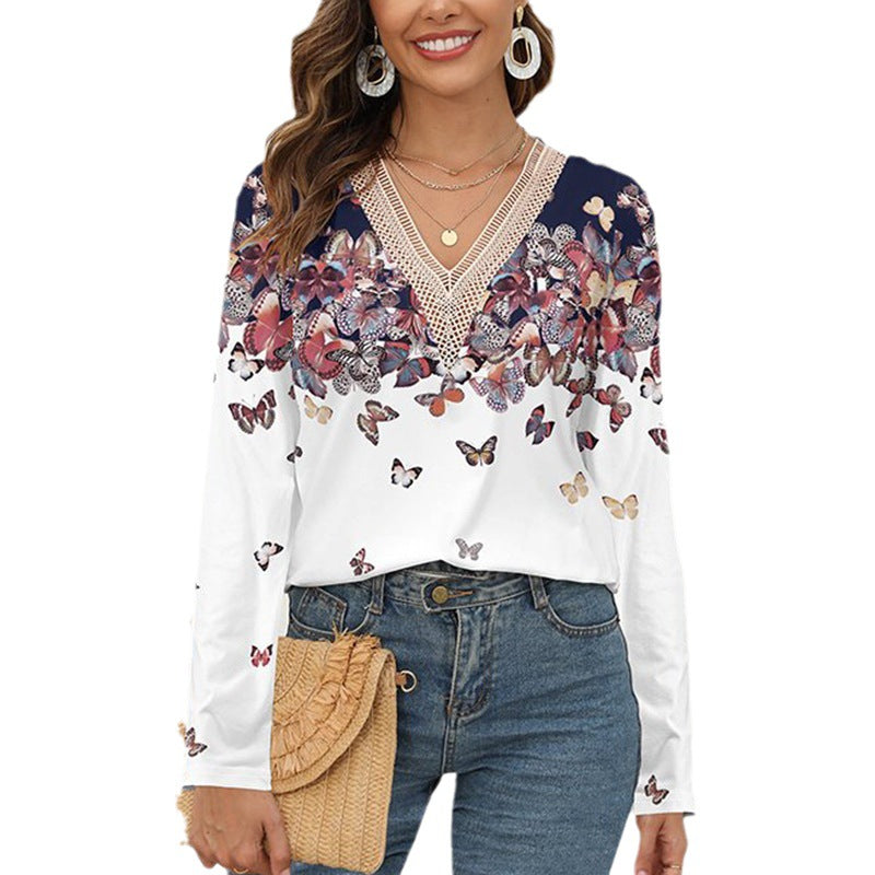 Dam Långärmad T-shirt V-ringad med Fjärilstryck i 100% Bomull-6