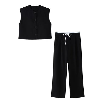Dam Cardigan Väst Ärmlös 100% Polyester med Långa Byxor-2