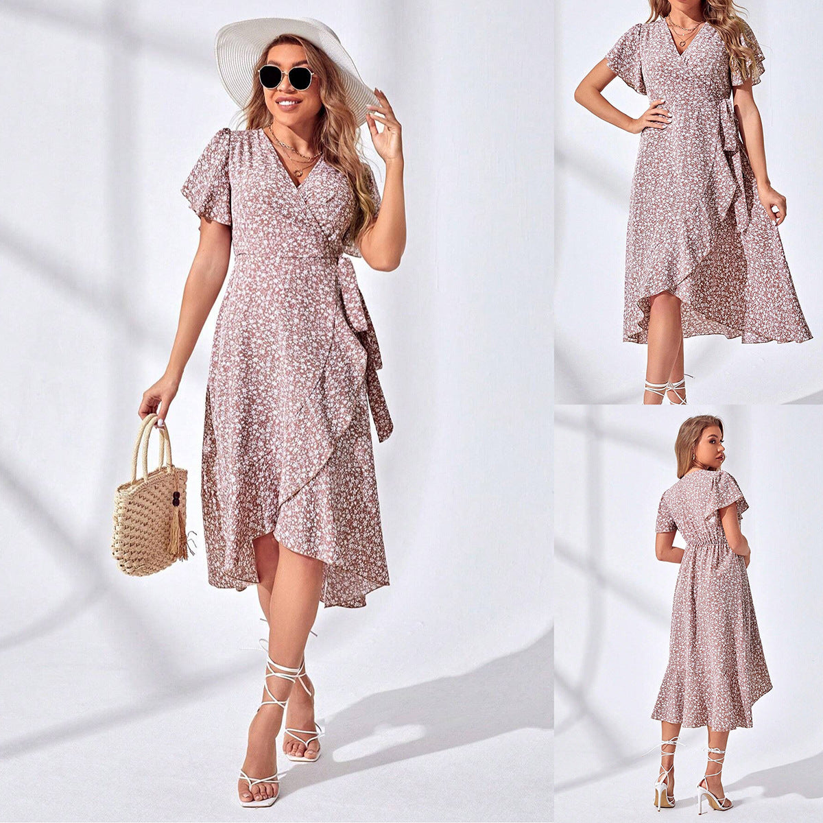 Fina Dam Klänningar Blommig V-ringning Wrap Polyester Medel-lång kjol-2