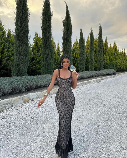 Fina Dam Klänningar Off-Shoulder Lång Spets Elastan-1