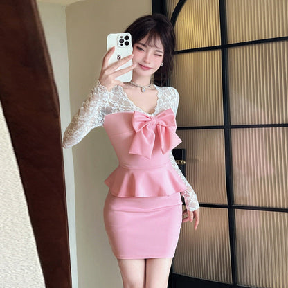 Dam Klänning Två-delad Spets Bodycon Polyester Spandex-4