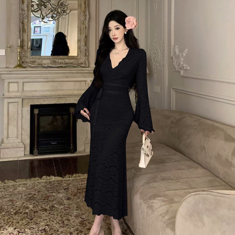 Kvinnors Sjöjungfruklänning Långa Ärmar V-ringning Högkvalitativt Tyg-4