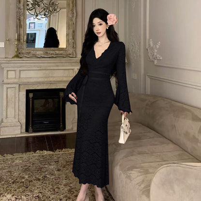 Kvinnors Sjöjungfruklänning Långa Ärmar V-ringning Högkvalitativt Tyg-4