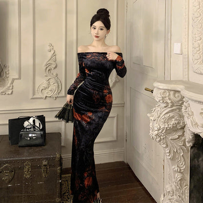 Maxiklänning Dam Axelfri Blommig Design Långärmad Polyester-1