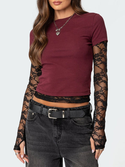 Variant image for Långärmad T-Shirt Dam Rundhals Polyester Trendig Splicering-11