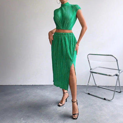 Ärmlös Midi-Rock Klänning för Dam i Grön Polyester med Rynkade Detaljer – Elegant och Fina Dam Klänningar 5