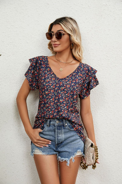 Kvinna Tunika V-ringning Blommönster Luftigt Tyg-4