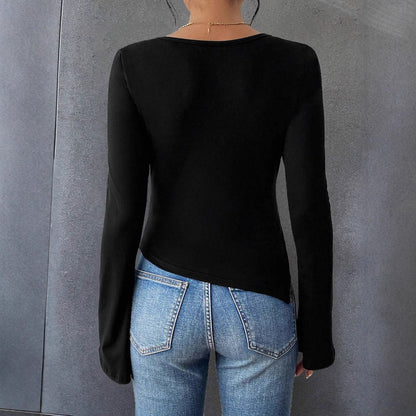 Dam Långärmad T-Shirt Asymmetrisk Klockärmar Stickningstyg-3