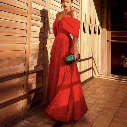 Dam Klänning Off-Shoulder Puffärmar Polyester Elegant Knälång-2