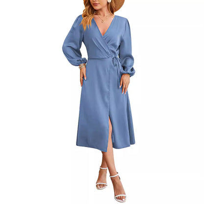 Kvinna Midi Klänning V-Neck Satin A-Linjeform Puffärmar-3