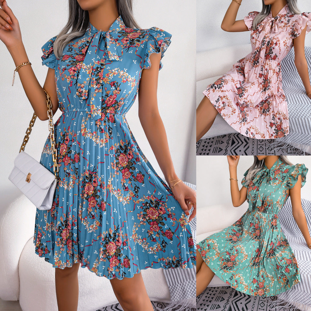 Dam Blommig Sommarklänning Ärmlös Polyester med Veckad Design-2