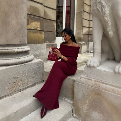 Dam Stickad Klänning Lång Ärmar Enfärgad Mjuk Akryl-4