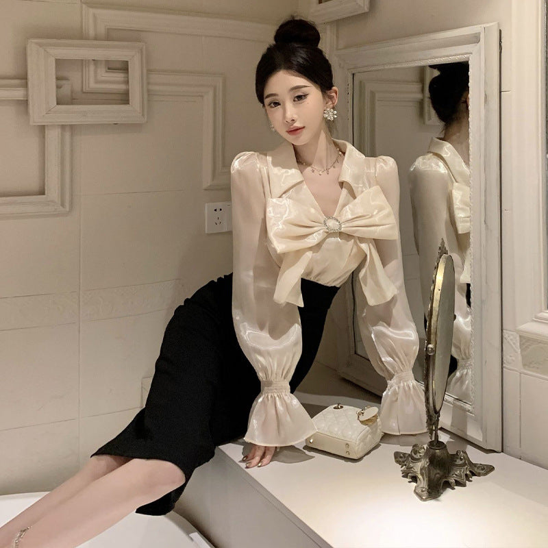 Kvinnors Tvådelad Klänning V-hals Patchwork Polyester Elastan-4