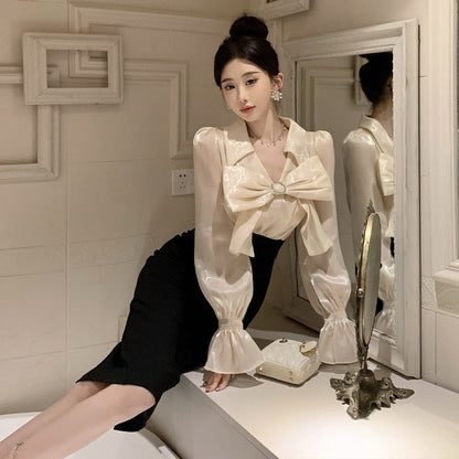 Kvinnors Tvådelad Klänning V-hals Patchwork Polyester Elastan-4