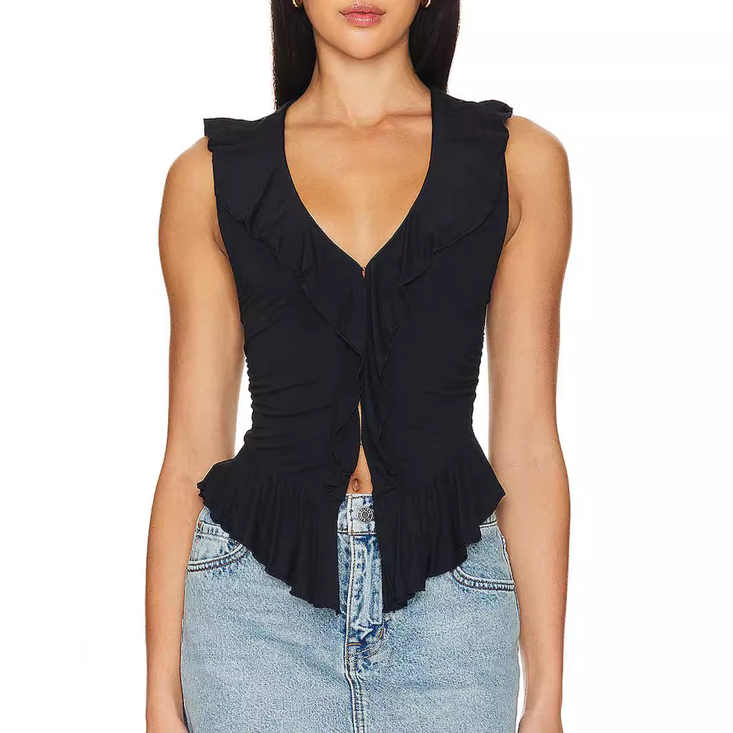 Dam Skjorta Ärmlös Volang Polyester V-Ringning-1