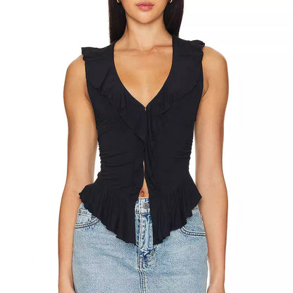 Dam Skjorta Ärmlös Volang Polyester V-Ringning-1