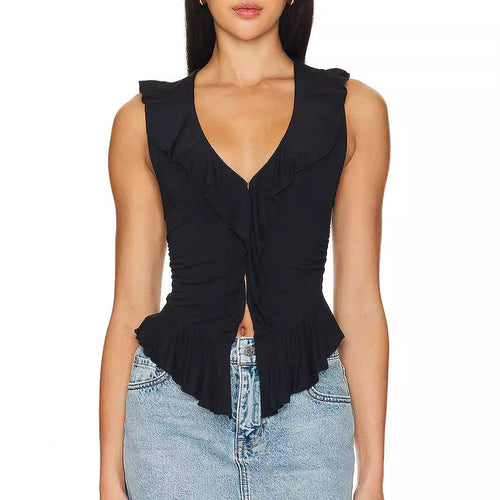 Dam Skjorta Ärmlös Volang Polyester V-Ringning-1