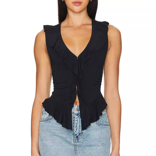 Dam Skjorta Ärmlös Volang Polyester V-Ringning-1