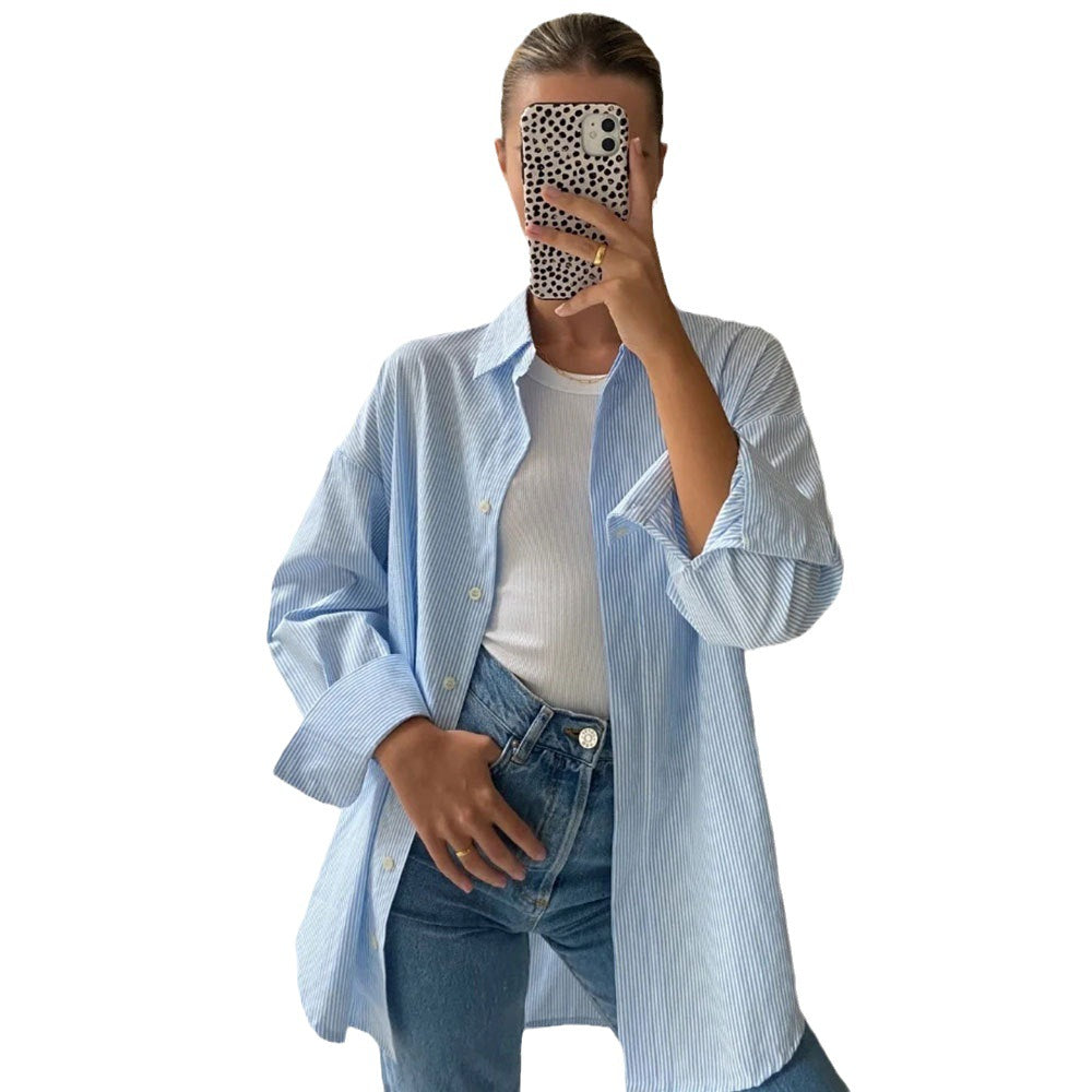 Löst Randig Kofta för Kvinnor i Mjuk Bomull – Ljusgrå och Blå, Storlek S-M-L 5