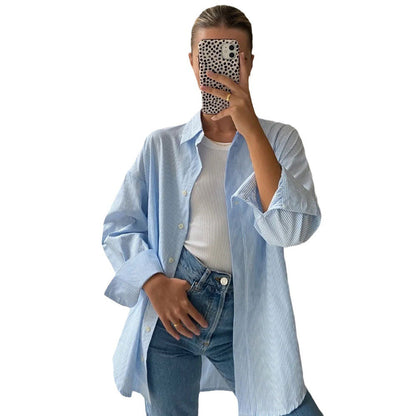 Löst Randig Kofta för Kvinnor i Mjuk Bomull – Ljusgrå och Blå, Storlek S-M-L 5