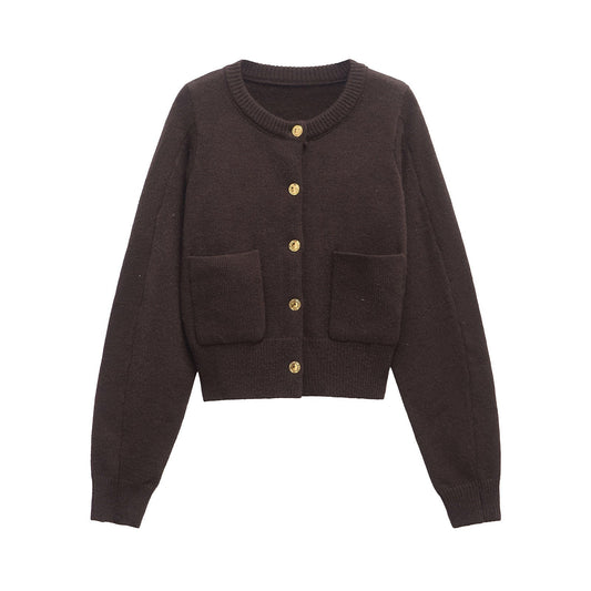 Dam Lång Kofta Cardigan Mjuk Polyester med Rundhals och Knappdetaljer-1