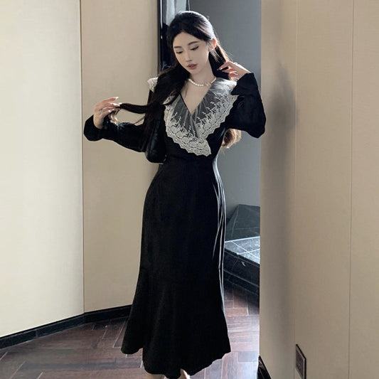 Damklänning Spets Långärmad V-hals Polyester Elegant-1