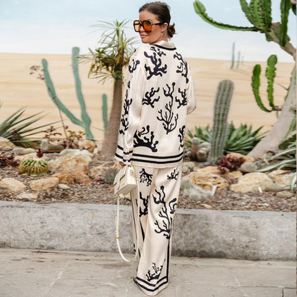 Dam Blommönstrad Långärmad Skjorta och Byxor i Mjuk Tyg för Sommar-5