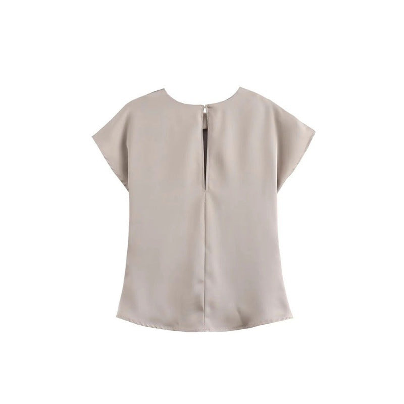 Kvinnors Satin Set Fållad Top Tre Fjärdedelar Vida Byxor Polyester-4