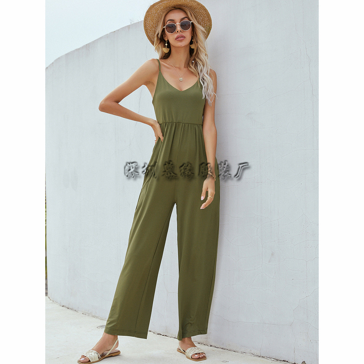 Dam Jumpsuit V-ringning Löst Sittande Polyester med Patchwork Detaljer-1