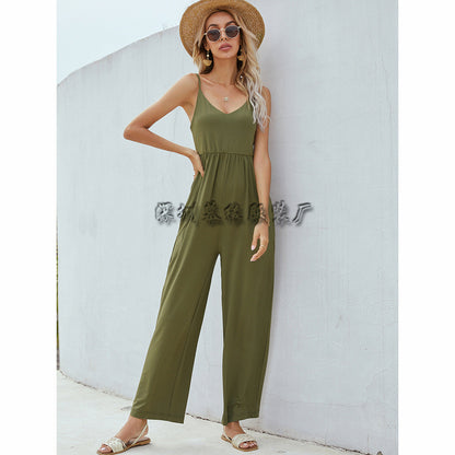 Dam Jumpsuit V-ringning Löst Sittande Polyester med Patchwork Detaljer-1