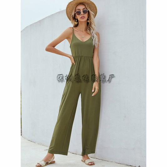 Dam Jumpsuit V-ringning Löst Sittande Polyester med Patchwork Detaljer-1