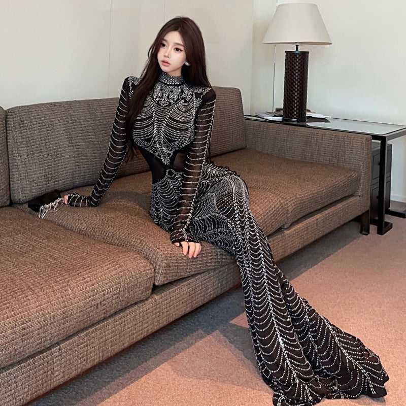 Fina Dam Klänningar Transparent Mesh Slim Fit Med Hög Krage och Långa Ärmar-4