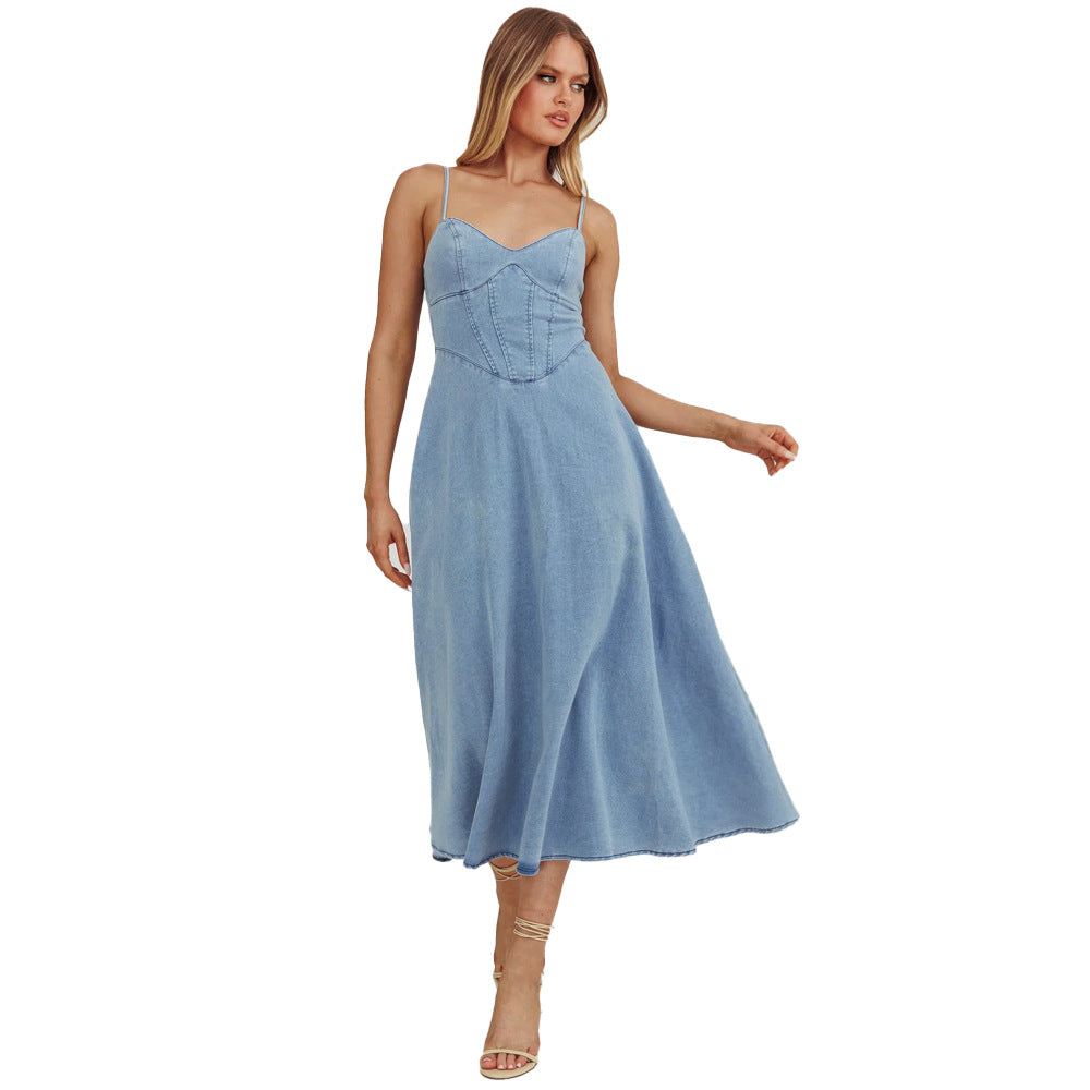 Damklänning A-linjeformad Denim V-ringning Utan Ärmar-6