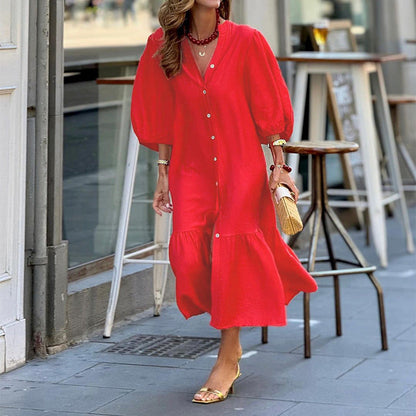 Kvinna Midi Klänning A-linjeformad med Lösa Puffade Ärmar Mjuk Material-1