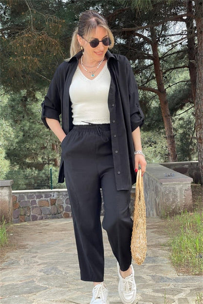 Variant image for Dam Långärmad Skjorta med Knut och Avslappnade Byxor i Polyester-11