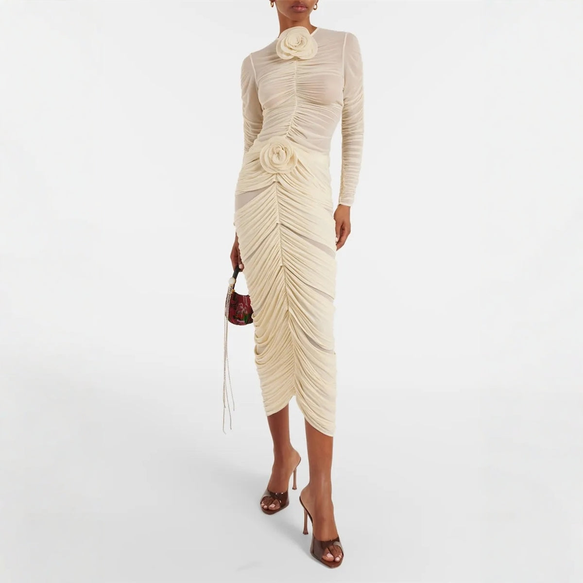 Damklänning Midi Tredimensionell Blommig Design Högkvalitativt Tyg-4