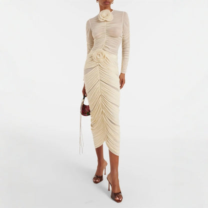 Damklänning Midi Tredimensionell Blommig Design Högkvalitativt Tyg-4