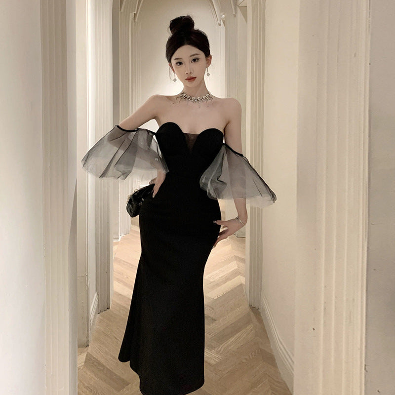 Dam Klänning Axelbandslös Fishtail Maxilängd med Fladderärmar i Polyester-3