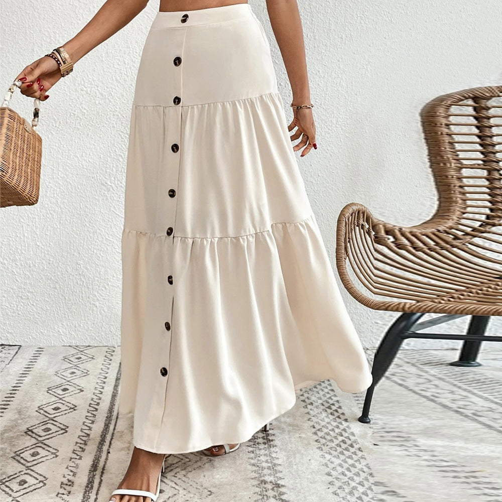 Flödande Maxikjol för Damer med Knappdetalj – Lätt Material, Elastiskt Midjeband, Lång Kjol för Sommarevenemang 4