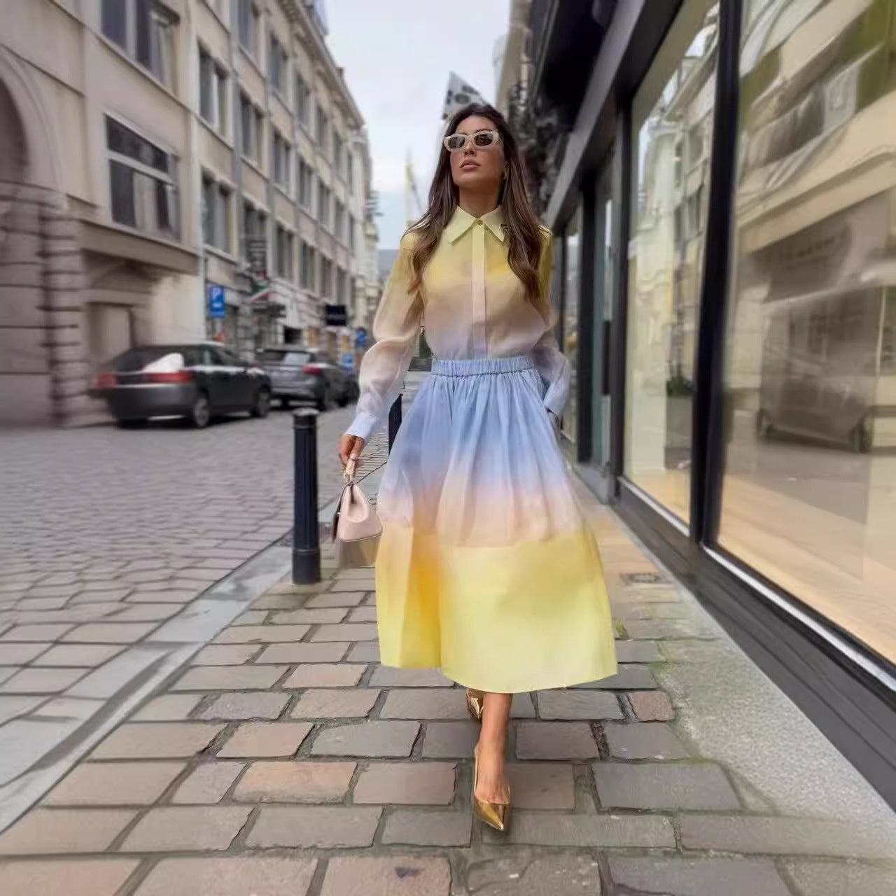 Damklänning A-linjeformad V-hals Lång Polyester med Gradienttryck-2